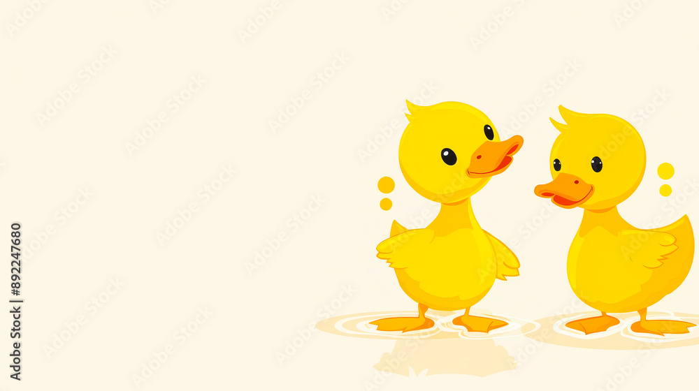 Cute Cartoon Yellow Ducklings Standing in Water on Light Background with Reflections Cute Cartoon Yellow Ducklings Standing in Water on Light Background with Reflections