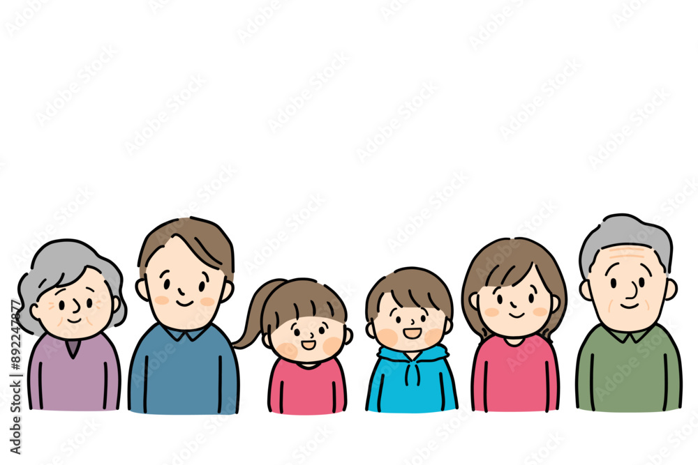 笑顔の三世代家族の上半身イラスト素材