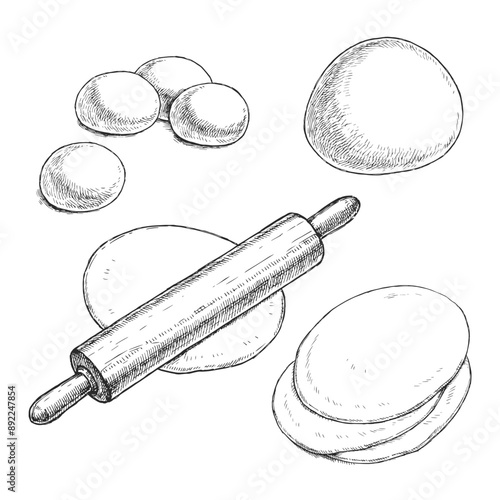 Vector hand-drawn illustrations of process of forming of tortillas in engraving style. Sketches of work with dough for recipe design.