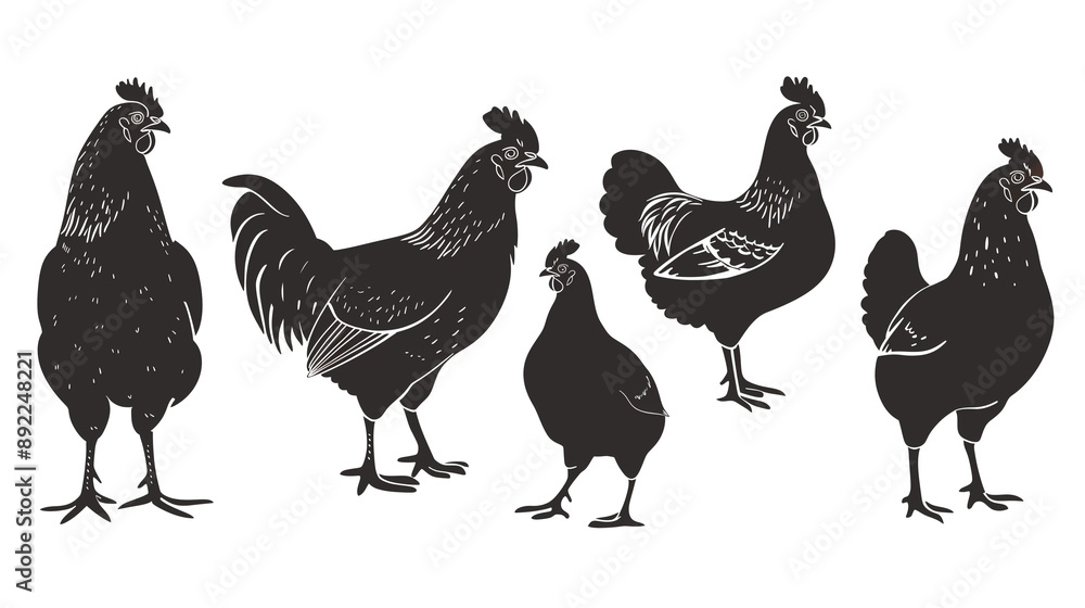 Fototapeta premium Silhouettes of roosters and hens in various poses. Black illustrations of chickens showing different breeds and body shapes. Farmyard poultry graphic design elements isolated on transparent background
