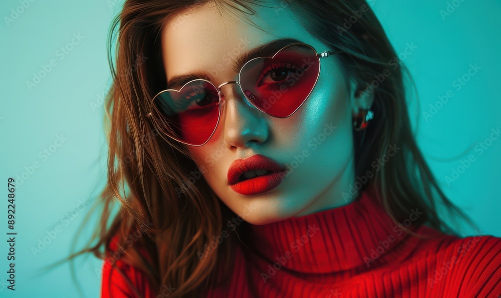 Obraz premium Stylish young woman posing with heart-shaped sunglasses. Free copy space for banner.