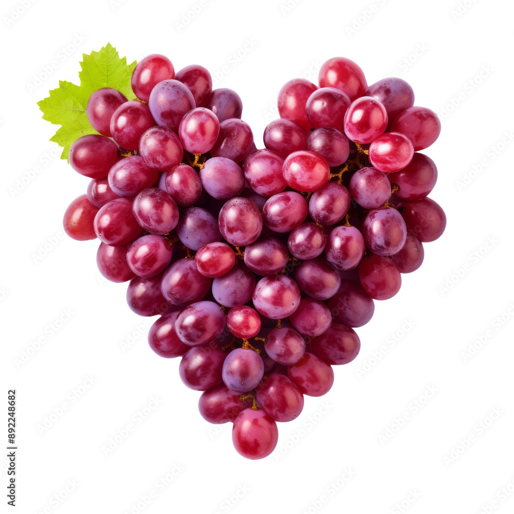 Fototapeta premium Isolated Heart-Shaped Bunch of Red Grapes with Leaf Detail.
