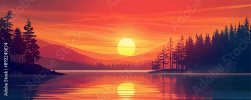 Golden hour sunset casting warm hues over a tranquil lake. Vector flat minimalistic isolated illustration.