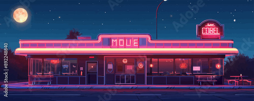 Retro diner with neon signs Vector flat minimalistic isolated illustration