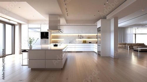 A spacious modern kitchen in a Scandinavian-style apartment featuring sleek white cabinets, a large island with a quartz countertop, and high-end stainless steel appliances. 