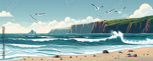 A serene coastal scene with waves crashing against rocky cliffs and seagulls soaring overhead. Vector flat minimalistic isolated illustration.