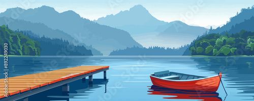 A serene lakeside dock with a rowboat gently bobbing in the water. Vector flat minimalistic isolated illustration.