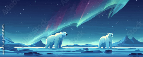 Icy tundra landscape with polar bears and aurora borealis. Vector flat minimalistic isolated illustration.