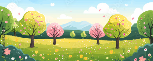 A peaceful orchard with rows of fruit trees in bloom. Vector flat minimalistic isolated illustration