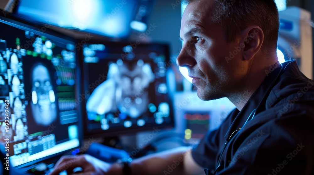 Fototapeta premium Skilled Technician Conducting Diagnostic Ultrasound with Detailed Image on Screen in a Hospital Setting