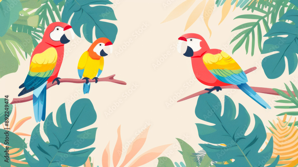 Obraz premium Colorful Parrots Perched on Branches with Tropical Leaves Background Illustration