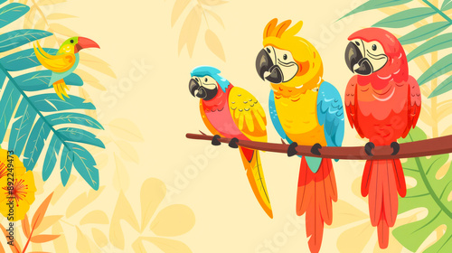 Colorful Parrots and Tropical Bird Perched on Branch in Vibrant Jungle Illustration