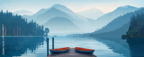 Serene mountain lake with a wooden dock and fishing boats Vector flat minimalistic isolated illustration