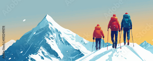 Hikers in the mountains, reaching the summit. Vector flat minimalistic isolated illustration.