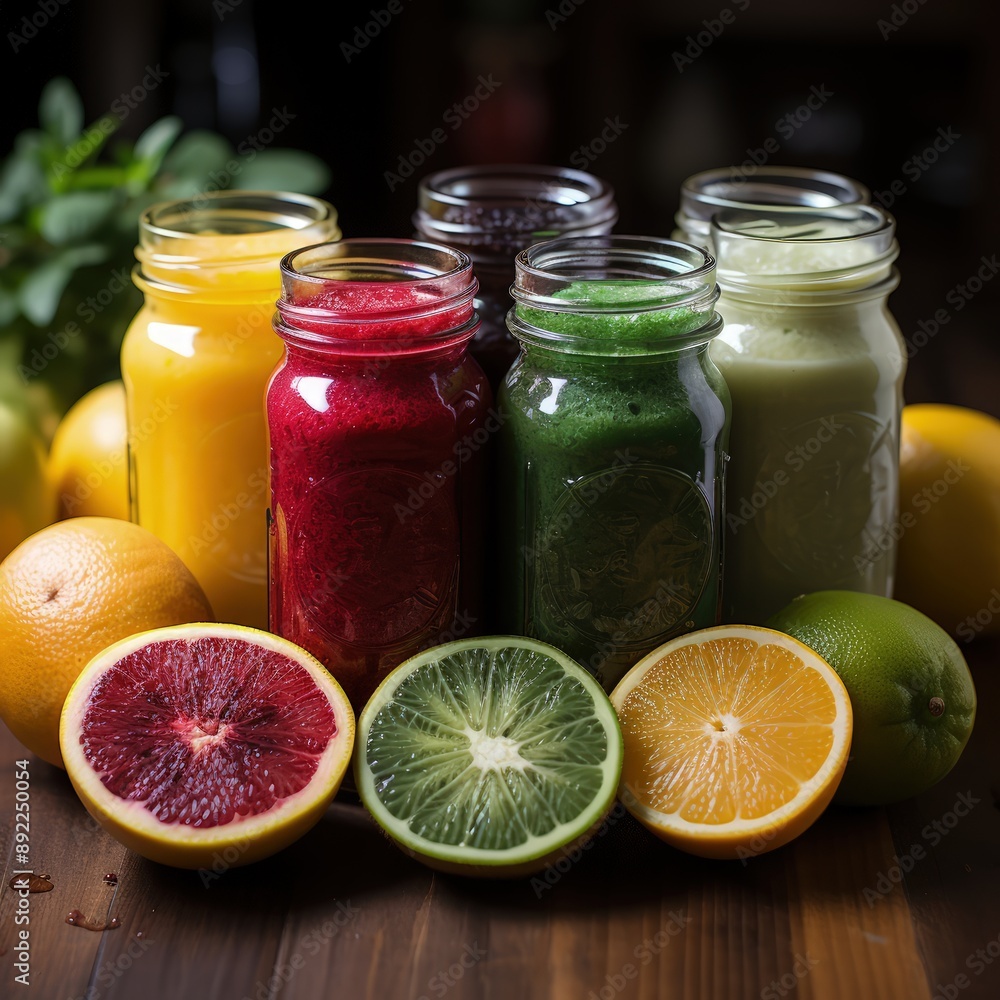 Nutritious Homemade Smoothies and Juices on a Wooden Desk Nutritious Homemade Smoothies and Juices on a Wooden Desk