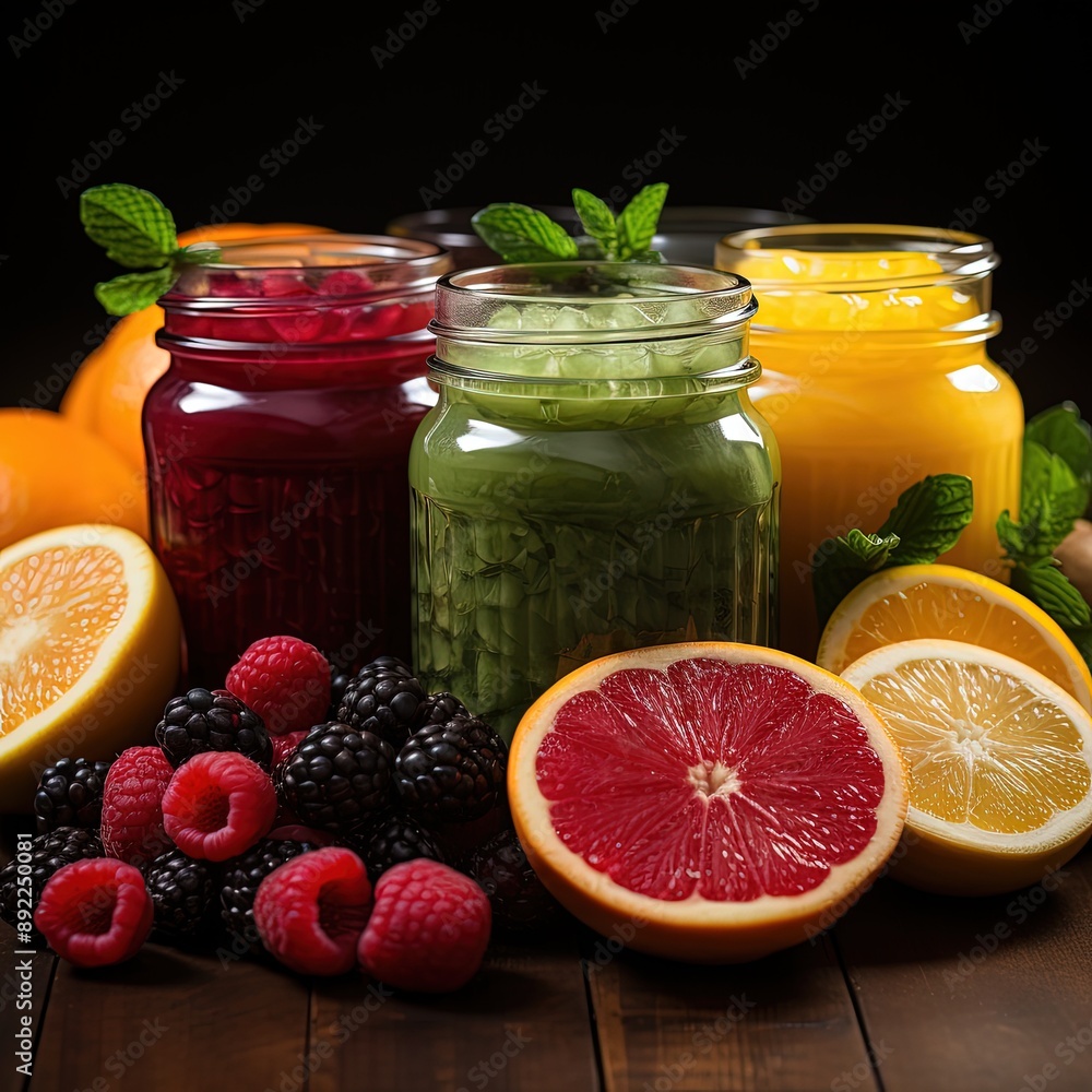 Nutritious Homemade Smoothies and Juices on a Wooden Desk Nutritious Homemade Smoothies and Juices on a Wooden Desk