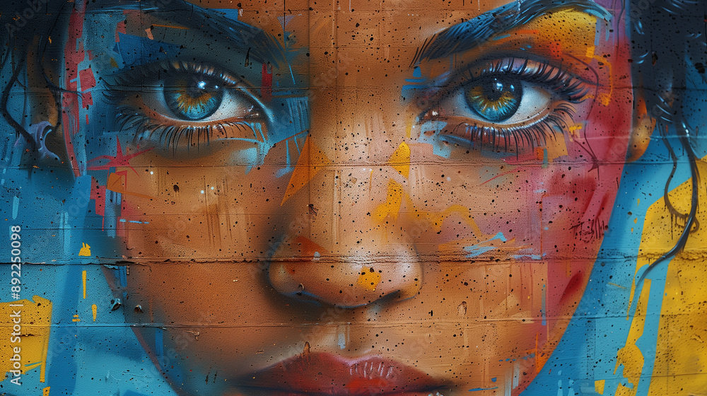 Realistic portrait of a person in graffiti style, with clear details and colors, painted on a building wall Realistic portrait of a person in graffiti style, with clear details and colors, painted on a building wall