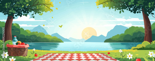 A tranquil riverbank picnic with a checkered blanket and wicker basket. Vector flat minimalistic isolated illustration.