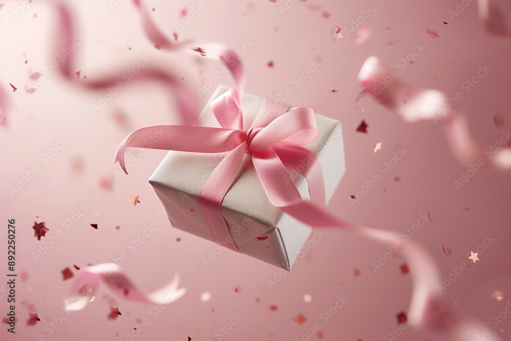 A white box with a pink ribbon is floating in the air with pink confetti A white box with a pink ribbon is floating in the air with pink confetti