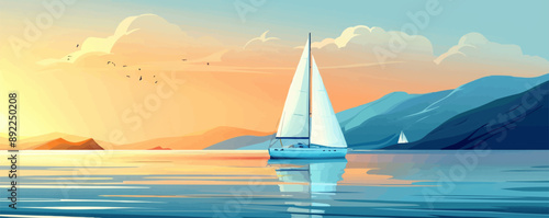 Sailing yacht gliding on azure waters. Vector flat minimalistic isolated illustration.
