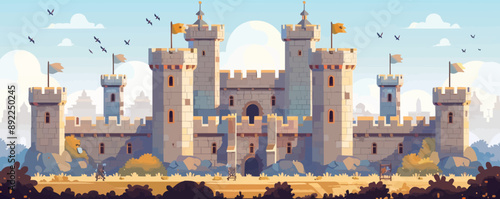 Medieval castle with towers and battlements. Vector flat minimalistic isolated illustration