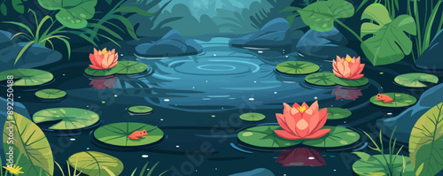 A tranquil garden pond with lily pads and frogs. Vector flat minimalistic isolated illustration.