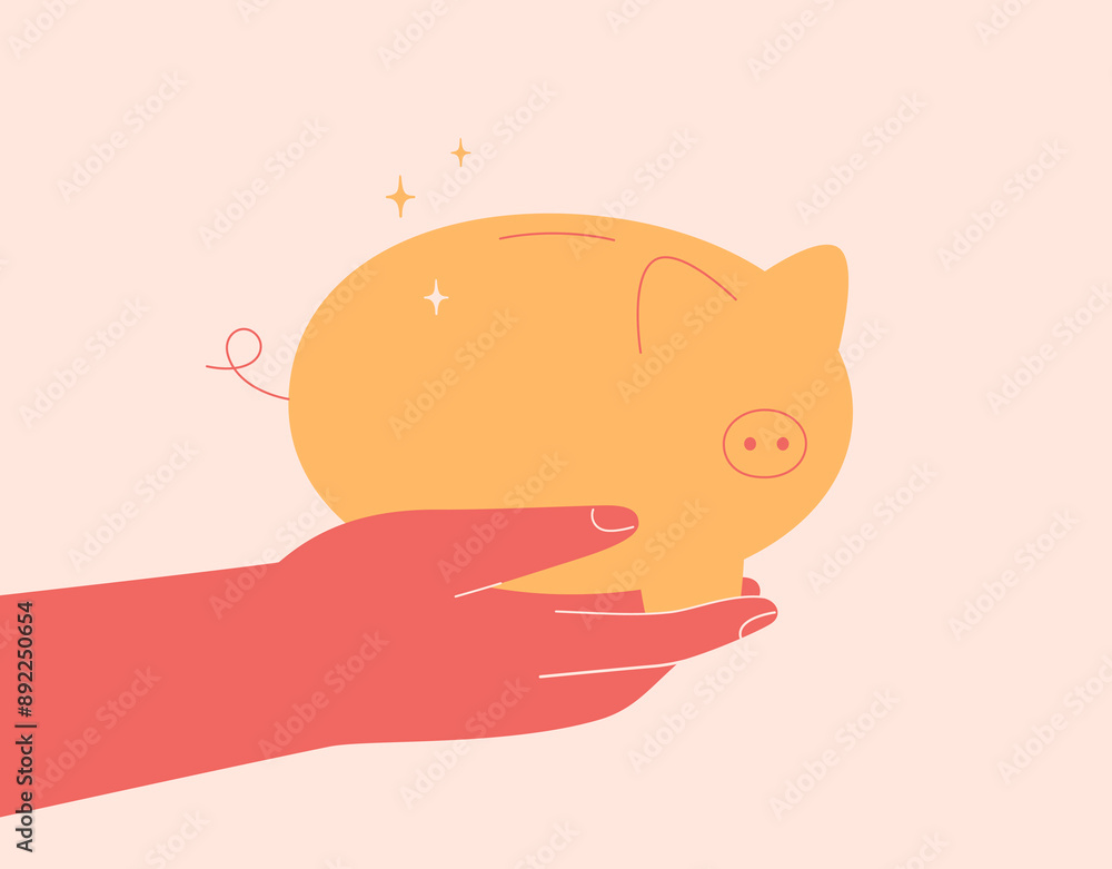 Human hand holds Gold piggy bank. Flat vector illustration in simple style. Investment literacy and personal budget concept Human hand holds Gold piggy bank. Flat vector illustration in simple style. Investment literacy and personal budget concept
