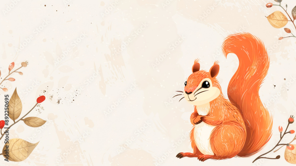 Fototapeta premium Cute Cartoon Squirrel with Bushy Tail on Autumn-Themed Background with Leaves and Berries