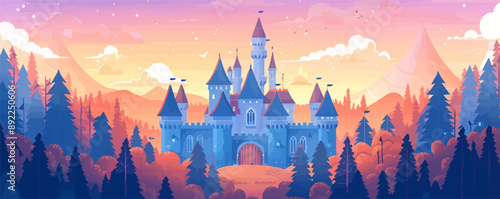 Whimsical fairytale castle with towers and battlements Vector flat minimalistic isolated illustration