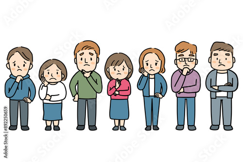 カジュアルな服装の男女7人が悩む全身イラスト