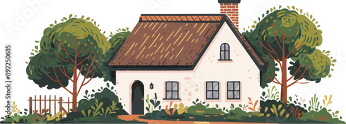 Quaint countryside cottage with a thatched roof and chimney Vector flat minimalistic isolated illustration