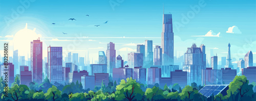 Modern cityscape with rooftop gardens and solar panels Vector flat minimalistic isolated illustration