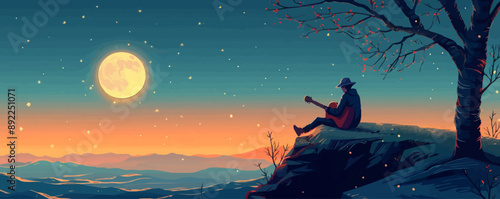 Acoustic guitar serenading under the moonlit sky. Vector flat minimalistic isolated illustration.
