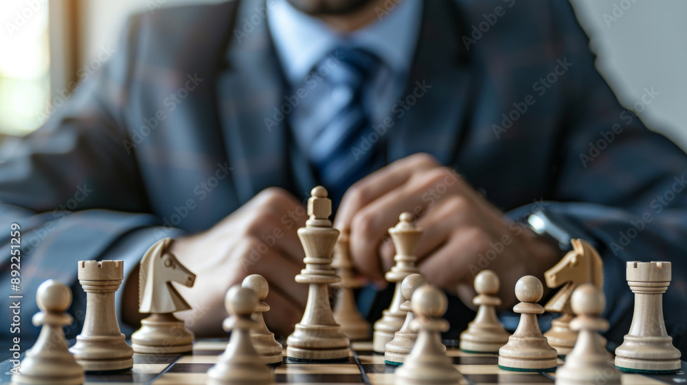 A man in a suit is playing chess with wooden pieces A man in a suit is playing chess with wooden pieces