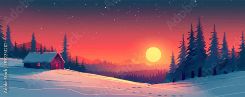 A radiant sunset over a snowy landscape with pine trees and a log cabin in the distance. Vector flat minimalistic isolated illustration.