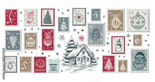 Advent calendar, Christmas Stamps, mail, postcard hand drawn illustrations.