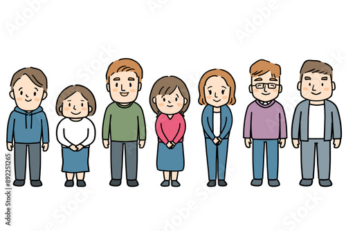 カジュアルな服装の男女7人が笑顔の全身イラスト