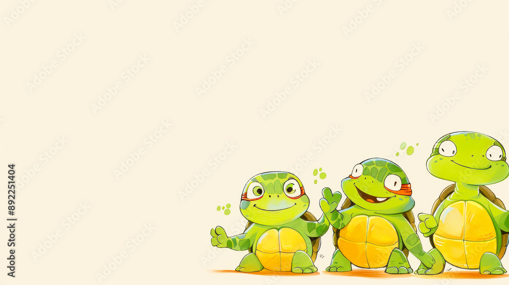 Obraz premium Three Cute Cartoon Turtles on a Light Background - Fun and Playful Illustration for Kids