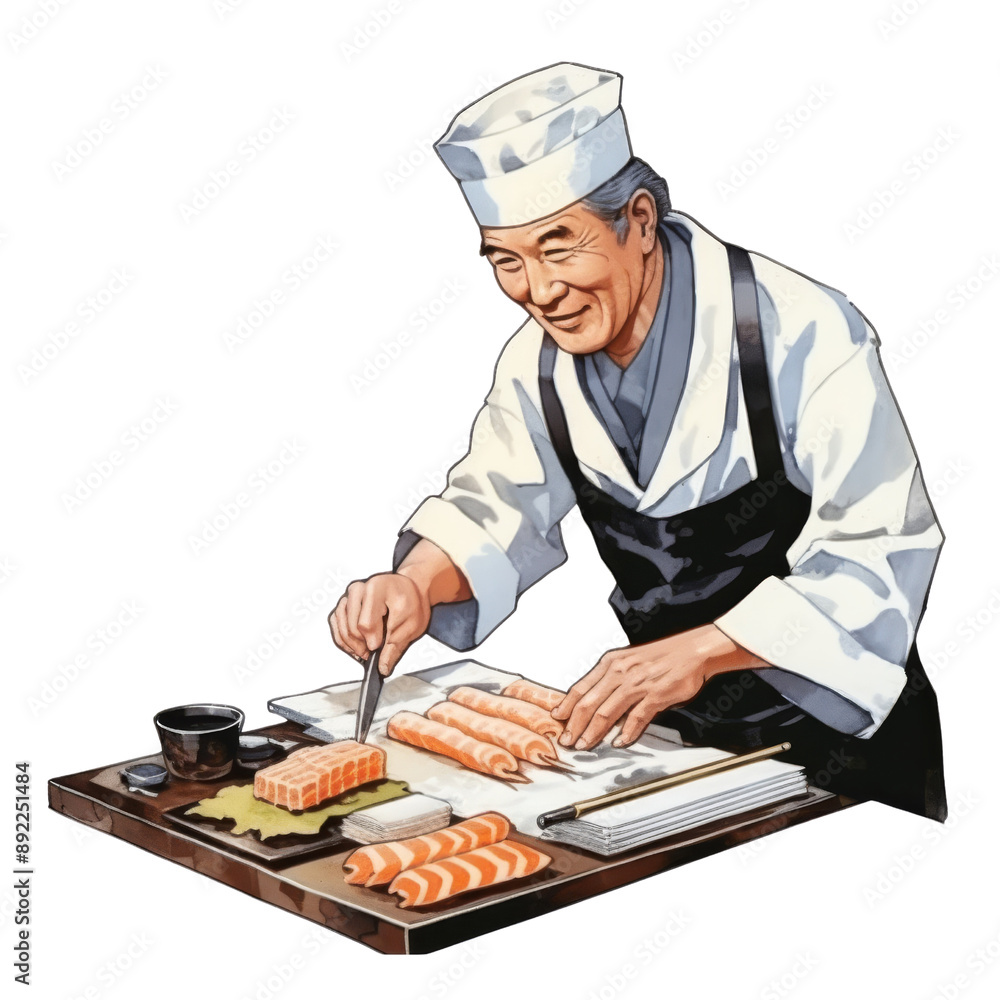 Skilled Sushi Chef Preparing Fresh Sushi Rolls Isolated Without Background. Skilled Sushi Chef Preparing Fresh Sushi Rolls Isolated Without Background.