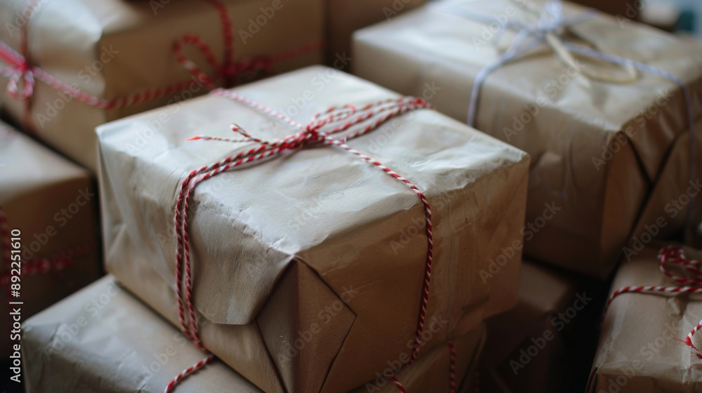 A stack of brown boxes with red and white ribbons tied to them A stack of brown boxes with red and white ribbons tied to them
