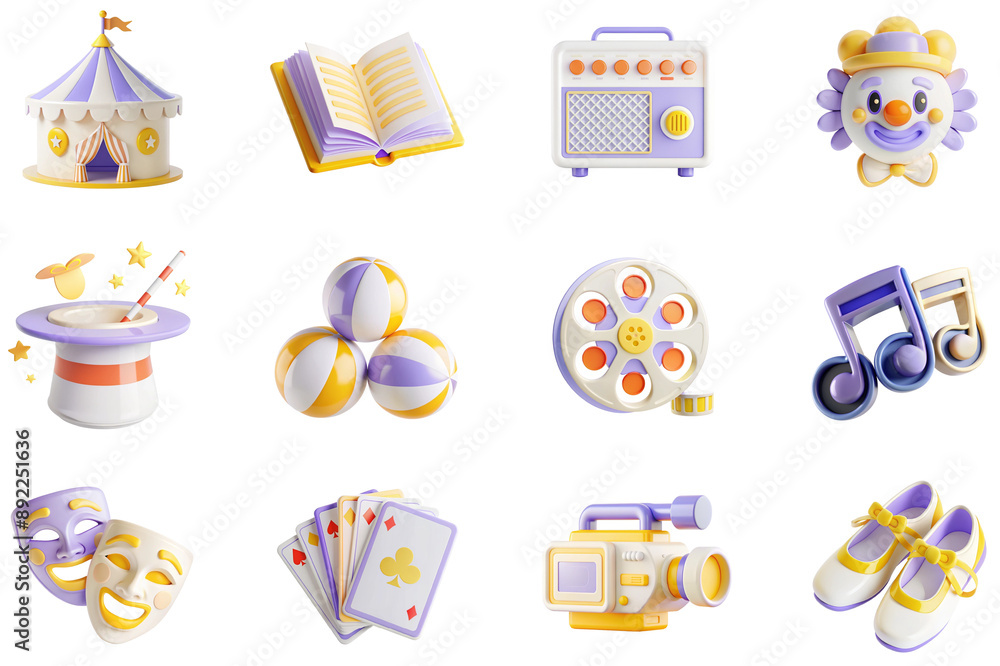Entertainment concept of 3D icons set in modern web design. Pack isolated objects of circus tent, book reading, radio, clown, illusionist hat, balls, theatre masks, music note and other illustrations. Entertainment concept of 3D icons set in modern web design. Pack isolated objects of circus tent, book reading, radio, clown, illusionist hat, balls, theatre masks, music note and other illustrations.
