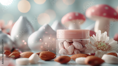 Vitamin B2 Supporting Skin Health with Hologram in Translucent Plastic Container Surrounded by Almonds and Mushrooms for Radiant Skin Advertisement photo