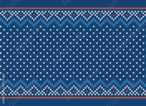 Christmas seamless print. Geometric background. Blue holiday knit traditional Xmas pattern. Knitted sweater texture. Wool pullover ornament. Festive crochet. Vector illustration
