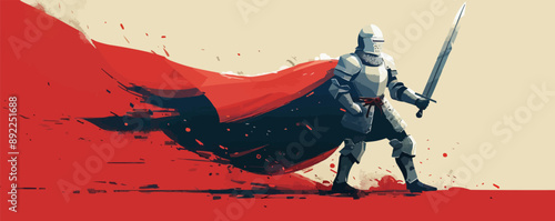 Knight in shining armor wielding a sword and shield. Vector flat minimalistic isolated illustration.