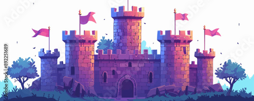 Medieval castle tower with flags waving in the wind Vector flat minimalistic isolated illustration