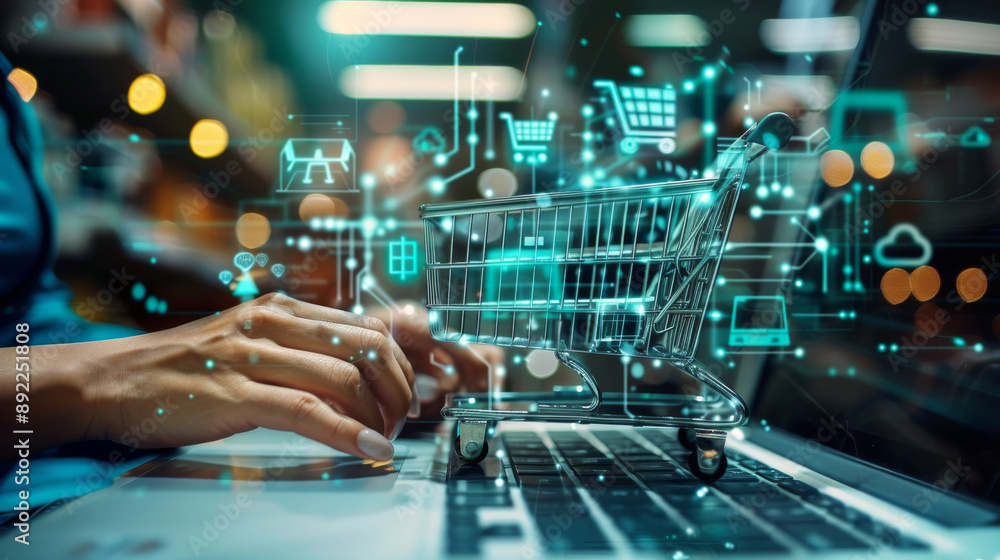 A woman is typing on a laptop with a shopping cart on the screen A woman is typing on a laptop with a shopping cart on the screen