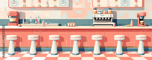 Vintage diner counter with spinning stools and milkshakes Vector flat minimalistic isolated illustration