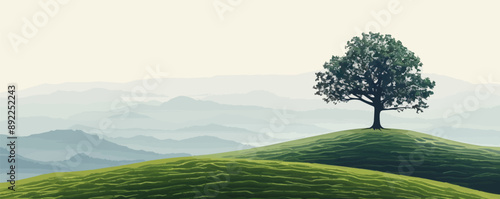 A solitary tree standing on a hilltop overlooking a vast landscape on a white background. Vector flat minimalistic isolated illustration