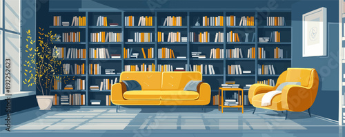 Modern bookstore interior with shelves of books Vector flat minimalistic isolated illustration