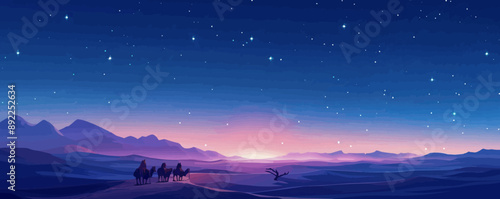 Arabian caravan crossing the desert under a starry night sky. Vector flat minimalistic isolated illustration.